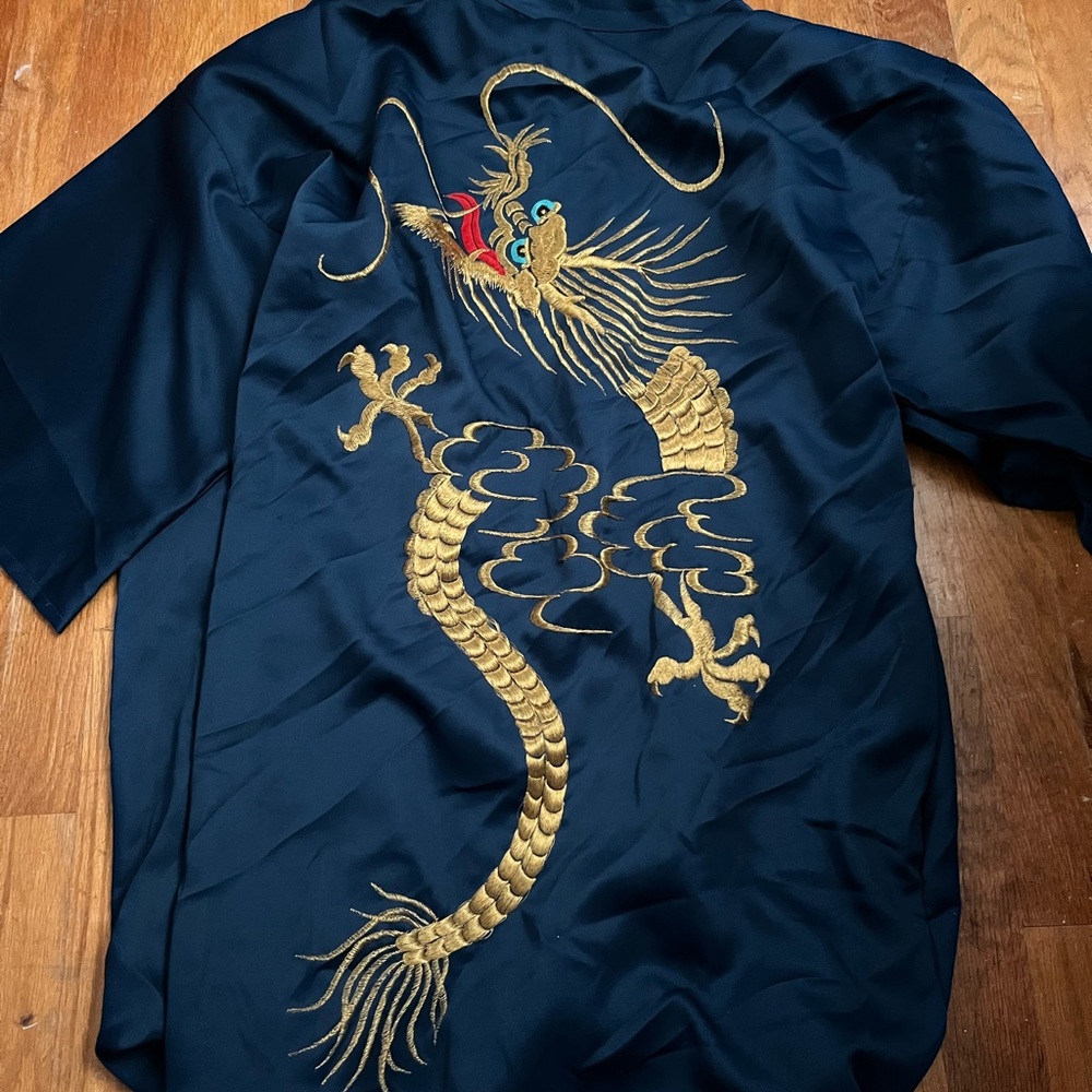 Vintage Navy Japanese Dragon Embroidered Kimono Jacket 35”